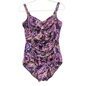 Miraclesuit One Piece Swimsuit size 12 to14 Plum Paisley Ruched Tummy Control b